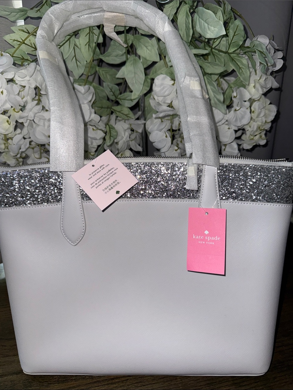 kate spade White Tote with Silver Glitter Accent